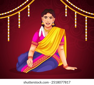 Vector illustration of a South Indian Kerala woman wearing Jewellery and traditional beautiful saree poses for a picture on the occasion of a festival or event