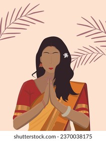 Ilustración vectorial de una mujer del sur de India que da la bienvenida a los visitantes en el sari tradicional. 