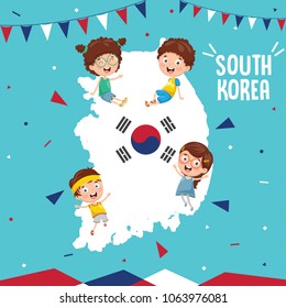 Vector Illustration Of South Korea Flag And Kids