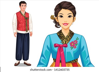 Vector illustration of south Korean couple in traditional costume