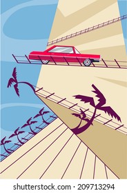 Vector illustration of a south mountains landscape with pink car.  Solid fill only no gradients, no gradient mech.