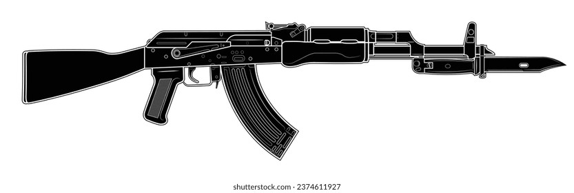 Vector illustration of soviet AK47 assault carbine with bayonet. Black. Right side.