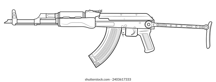 Ilustración vectorial de la carbonilla de asalto AK47 soviética con material de acero desdoblado. Lado izquierdo.