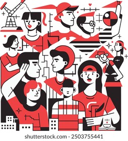 Vector illustration in Soviet Constructivism style depicting workers, with a color scheme of black, red, and white. The image features geometric buildings and dynamic lines, celebrating Labor Day 