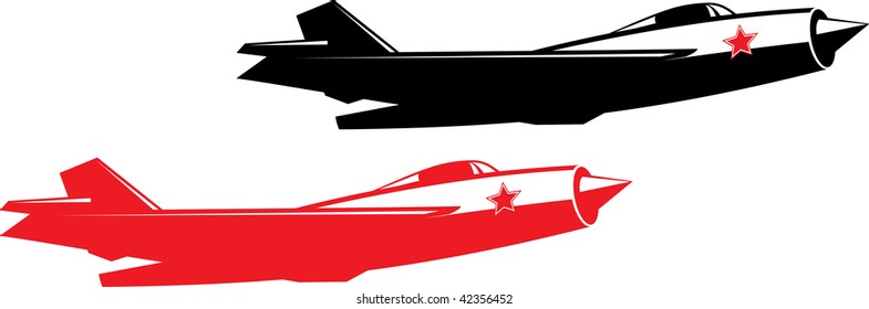 Vector illustration of a Soviet jet fighter. Red, black and white.