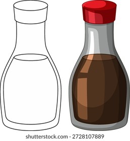 Vektorgrafik einer Sojasauce-Flasche in farbigen und schwarzen Linien Kunststilen
