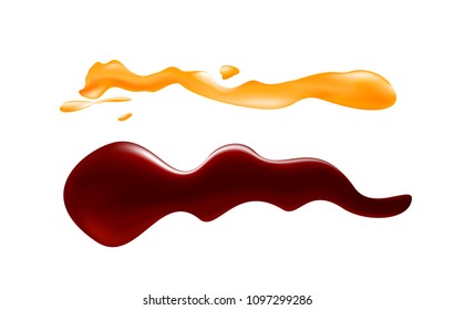 Vector illustration of soy sauce and honey on white background, top view, realistic sauce spots.