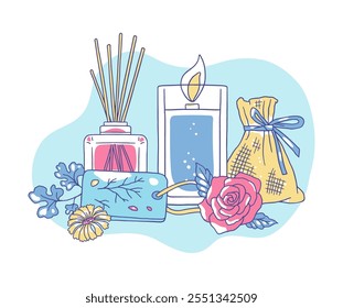 Vector illustration of spa accessories with candle, diffuser, aroma sachet, with flowers and tag. on blue background. Aromatherapy. Design elements for beauty industry. Flat style.