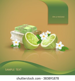 Vector illustration with  spa accessories   hand made soap, lime and flower on orange background.