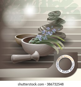 Vector illustration with  spa accessories pounders, pestle, lavender and stones.