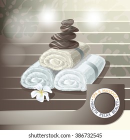 Vector illustration with  spa accessories   stones,  towels and white flower.