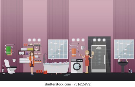 Vector illustration of spa bathroom interior with furniture and toiletries, women taking aroma baths at home. Flat style design.