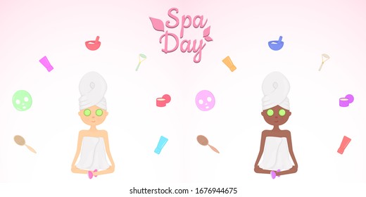 Vector Illustration. Spa Day Set of Self Care Products. Girls in Towels Relaxing, Making Masks.