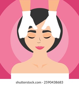 Vector illustration of spa face massage for woman on pink background