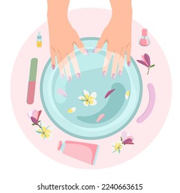 Vector illustration of spa manicure procedure female hands top view flat style with manicure tools