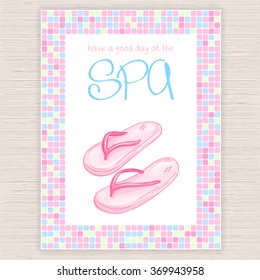 vector illustration of spa party invitation with colorful mosaic frame with pair of slippers