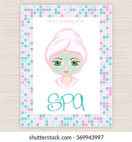 vector illustration of spa party invitation with colorful mosaic frame with woman with head wrapped towel and cosmetic facial mask