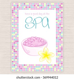 vector illustration of spa party invitation with colorful mosaic frame with sea salt bowl and plumeria flower