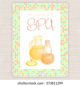 vector illustration of spa party invitation with colorful mosaic frame with essential oil bottles and candle.