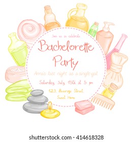 vector illustration of spa party invitation with round text place surrounded spa and massage accessories - towel, oil bottles, brushes, soap, stones and candle.