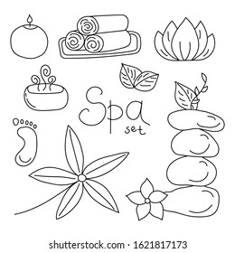 Vector illustration for spa. A set of attributes. Candle, oil, towel, lotus flower, fern, pebbles.