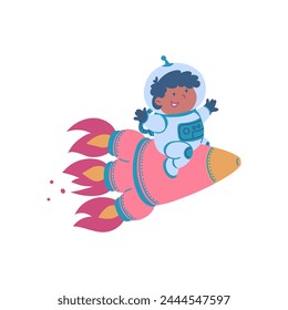 Vector illustration of a space adventure: a boy astronaut on a pink rocket, flying happily on a white background. Perfect for children's books org games about the universe.