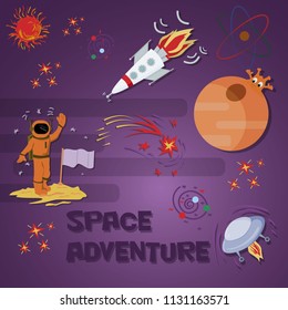 vector illustration of Space adventure in flat style, rocket flying in space among stars and planets