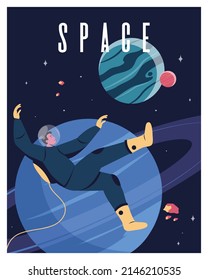 Vector illustration of space, astronaut, cosmonaut and planet for poster, banner or background.