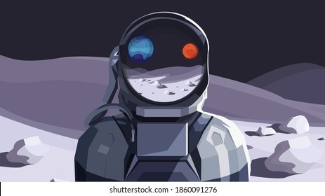 Vector illustration of space, astronaut on the moon, with a reflection on the helmet of the moon and mercury, for a poster, banner or background. Polygonal style.