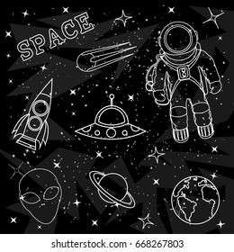 Vector illustration of space, astronaut, planets and ufo