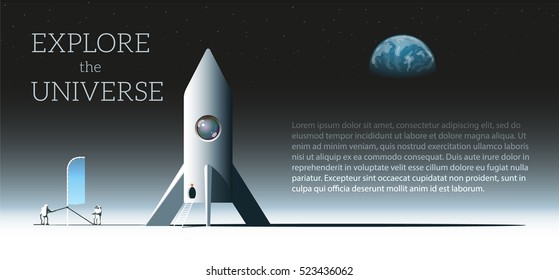 Vector illustration with space, astronauts, rocket, planet. Template with text explore the universe