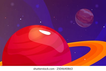 Vector illustration of a space background with a fantasy universe. The design features fantastic planets in a starry sky, perfect for a custom game interface in a flat cartoon style.