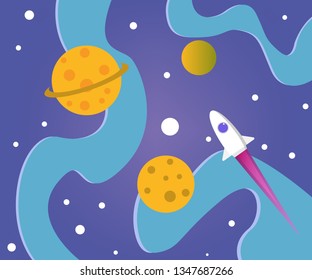 Vector illustration of a space background with planets and a rocket in cartoon style