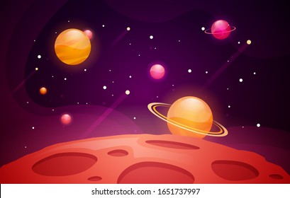 Vector Illustration Space Background With Red Planet Landscape. Stars and Comets Decoration For Your Design.