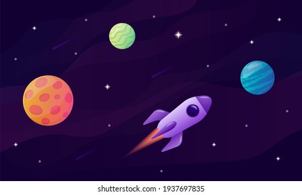 Ilustración vectorial del espacio. Fondo espacial con cohetes, planetas y estrellas.