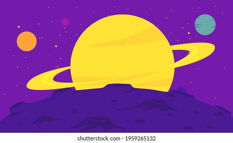 Vector illustration of space background with Saturn and colorful planets.