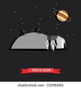 Vector illustration of space base and astronauts walking on surface of planet. Ringed planet Saturn. Space exploration concept design element in flat style.