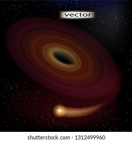 Vector illustration, space black hole effect in the universe absorbs a star or sun danger to stars and planets threat from space 3D realistic drawing