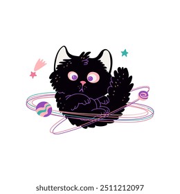 Ilustração vetorial de um gato espacial sobre um fundo branco. Um personagem preto fofo gira em torno dos planetas. Gato astronauta. Ilustração de desenho animado plano. Adequado para adesivos.