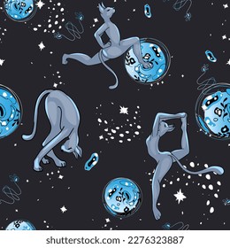Vector illustration. Space cat seamless pattern background. Cats in different poses in outer space, stars and planets. For print, cards, package, wallpaper, designers, interior, clothes