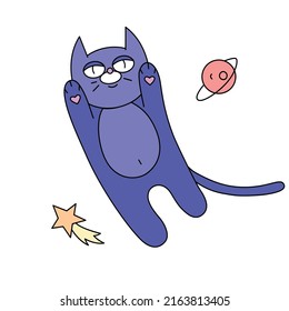 Vector illustration of a space cat that flies with a comet and a planet in an outline style