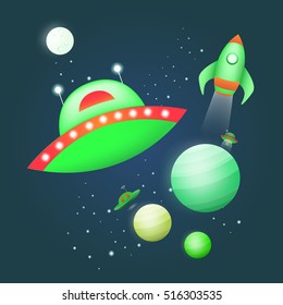 Vector illustration of space. Collection of cosmos elements: planet, ufo, rocket, moon, spaceship, moon. Symbols of universe and cosmos. Background for banners, cards, web pages, covers, posters.
