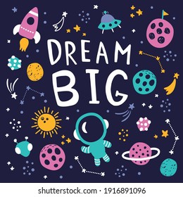 vector illustration, space concept, dream big hand lettering text, stars, planets and other night sky elements on the dark blue background