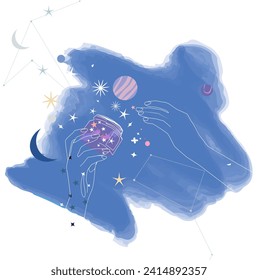 Vector illustration of space. The concept of mysticism of astrology, horoscope. Hands hold a jar of stars and planets. Starry sky pattern. Astrology Compositions. Drawing up a horoscope 