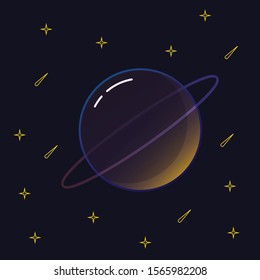 Vector illustration of space. Cosmic bright landscape. Asteroids, planet, stars. Dark gloomy blue colors.