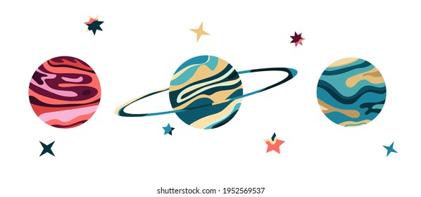 Vector Illustration Of A Space. Cosmic flat vector set with abstract planets and stars. Abstract illustrations for banners, posters, postcards
