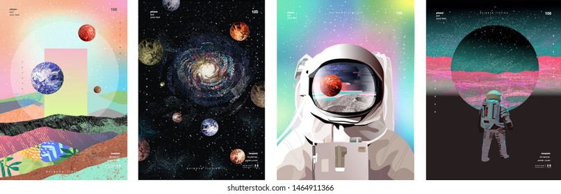Vektorgrafik von Raum, Kosmonaut und Galaxie für Poster, Banner oder Hintergrund. Abstrakte Zeichnungen der Zukunft, Science Fiction und Astronomie
