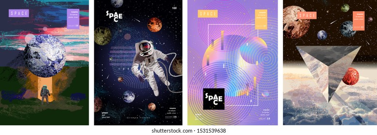Векторная иллюстрация космоса, космонавта и галактики для плаката, баннера или фона. Абстрактные рисунки будущего, научная фантастика и астрономия
