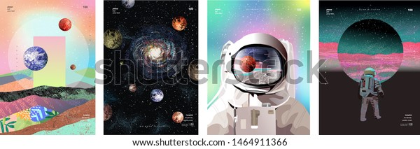 Vector illustration of space, cosmonaut and\
galaxy for poster, banner or background. Abstract drawings of the\
future, science fiction and\
astronomy\
