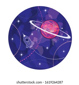 Vector illustration of space, cosmos, planets and stars. Hand drawn illustration. Rocket. Galaxy space. 